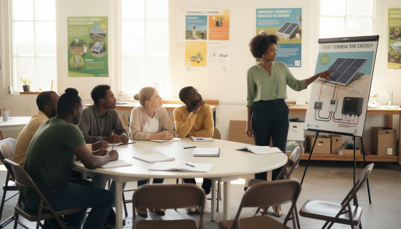 An educator standing at the front of a workshop room presenting sustainable technology concepts to a small group of engaged adult learners