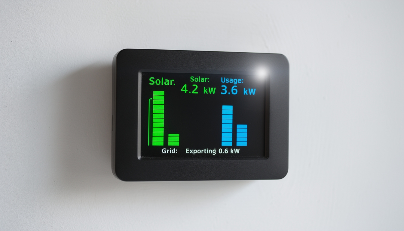 Close-up of a home energy monitoring display showing real-time solar generation and consumption data on a bright screen