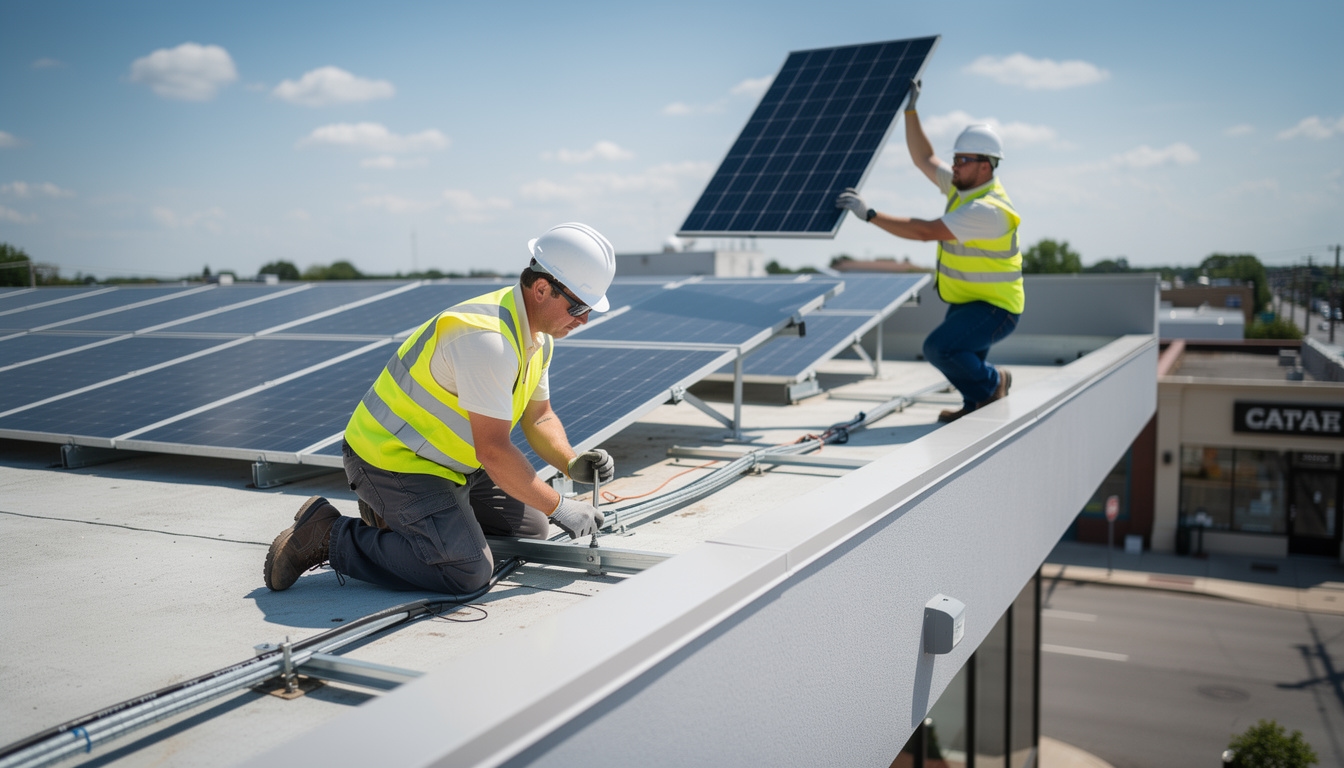 Solar panels being installed on the flat roof of a small commercial building with technicians working in bright midday light
