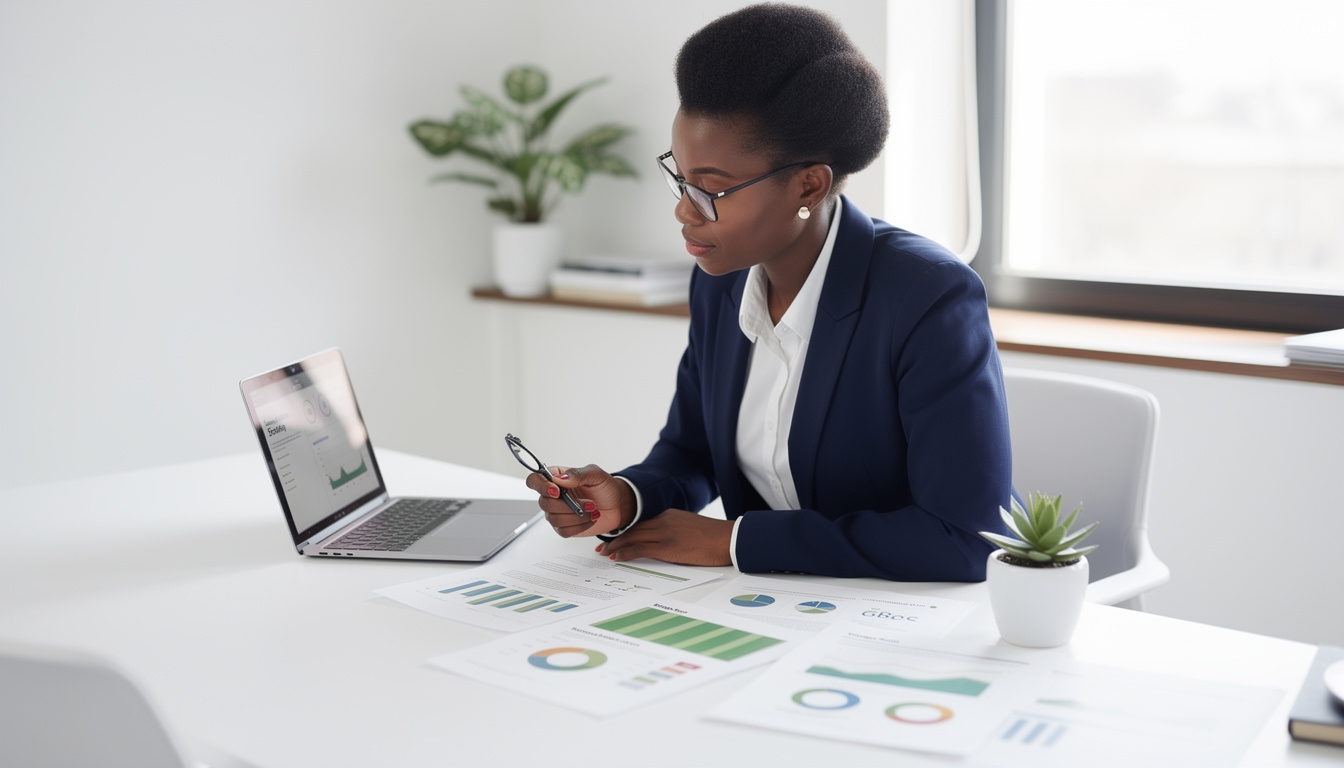 Small business owner reviewing sustainability planning documents at a desk in a bright office