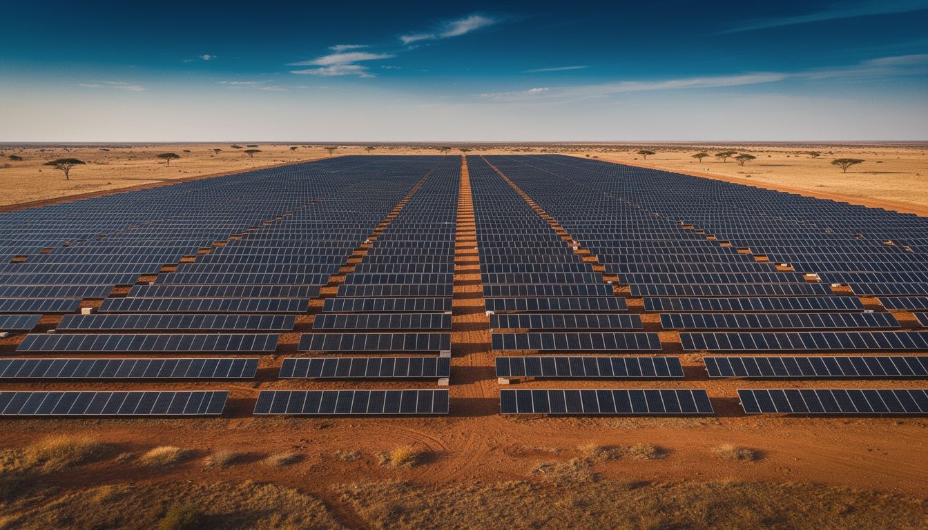 Aerial view of a large solar farm with rows of photovoltaic panels stretching across open land under a clear sky