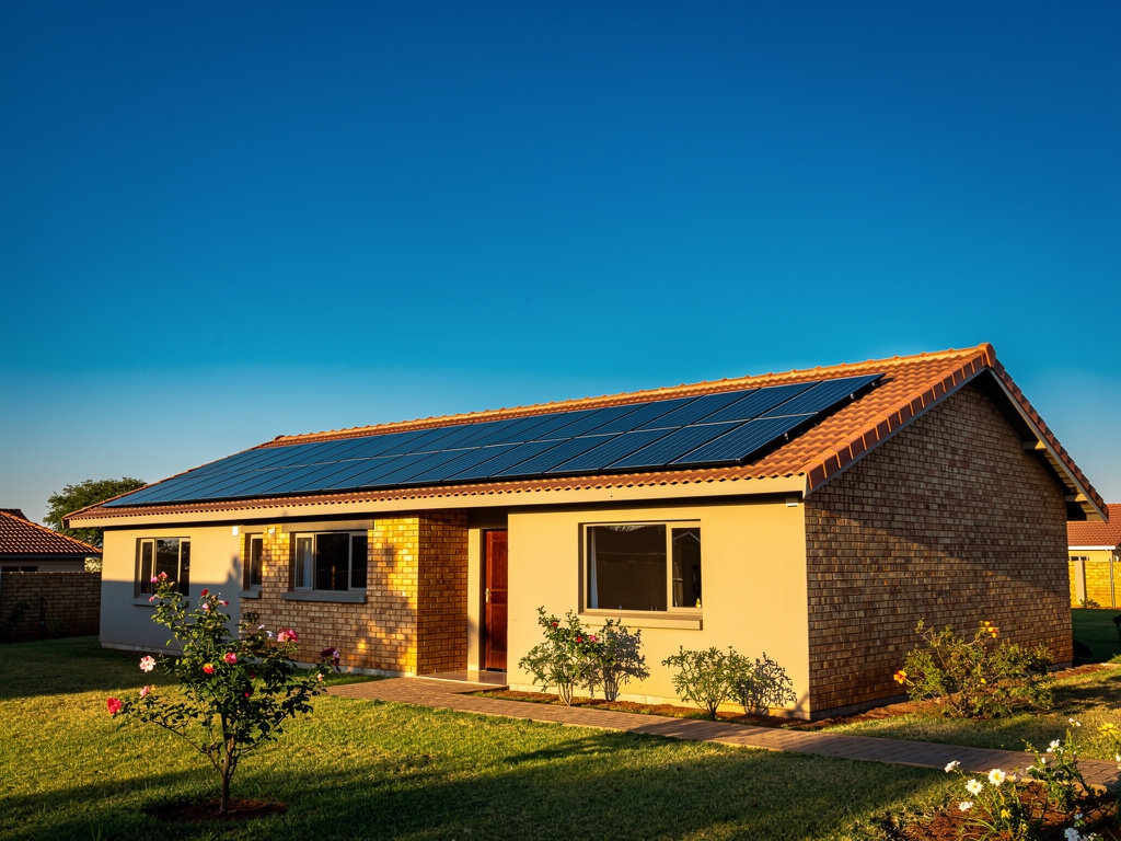 Solar panels installed on a residential rooftop in Botswana under bright sunlight