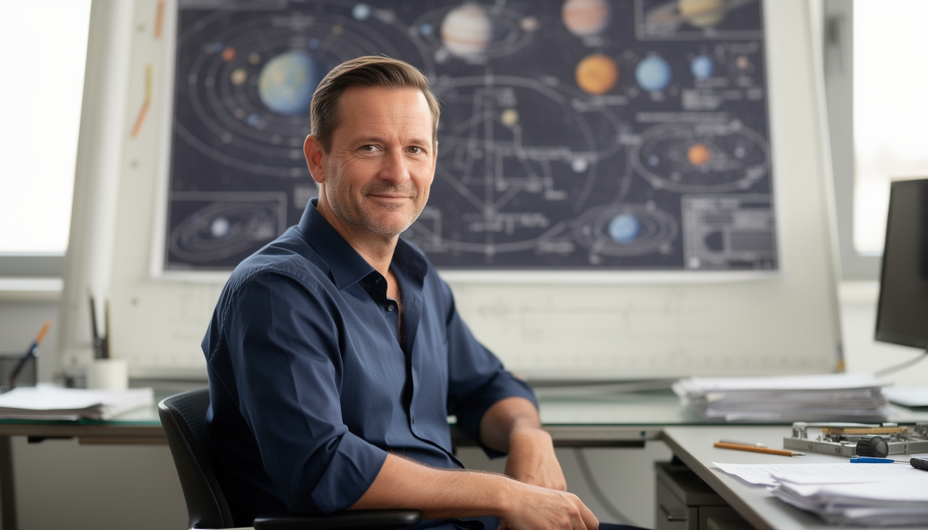 Bram Visser, solar systems advisor, a man in his early forties with a calm expression seated at a desk with technical drawings visible behind him