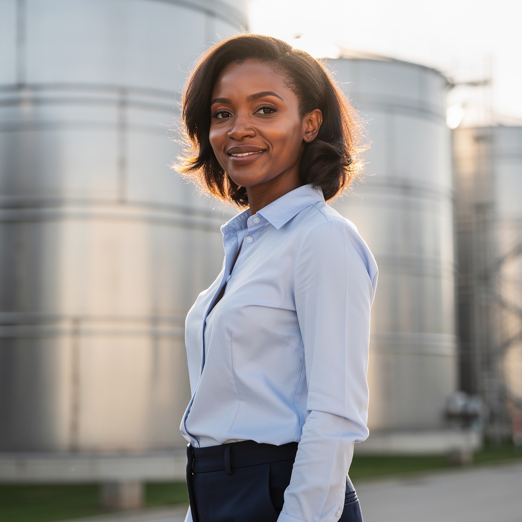 Keabetswe Moyo, water systems specialist, a professional woman in her mid-thirties wearing a light blue shirt, photographed outdoors near a water storage facility
