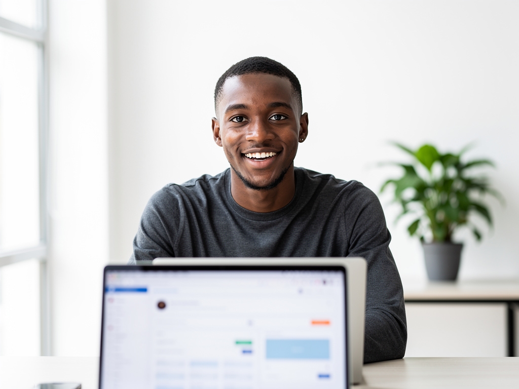Thabo Kgathi, platform and learning experience lead, a young man in his early thirties with an open expression working at a laptop in a modern workspace
