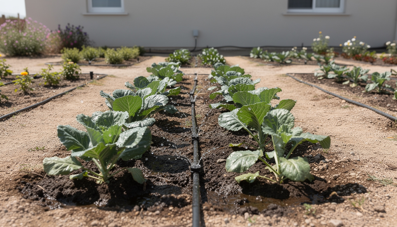 Drip irrigation system in a dry-climate garden with plants thriving, showing efficient water delivery at root level