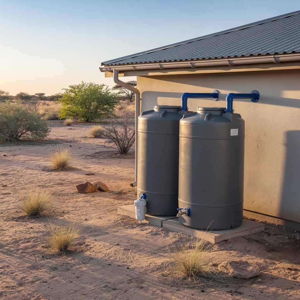 Rainwater harvesting system with storage tanks connected to a home in a dry climate
